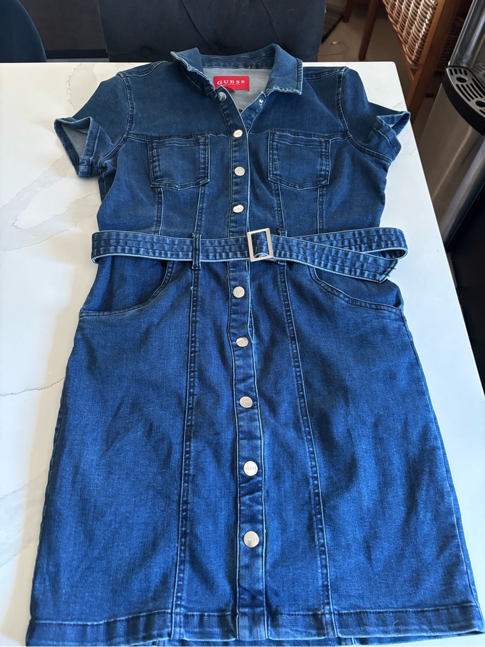 Guess Light Blue Denim Short-Sleeve Shirt Dress with Belt